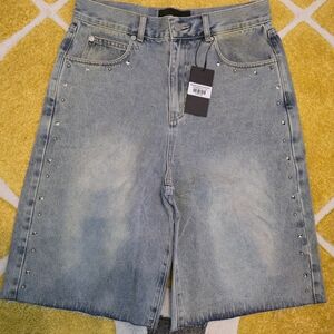 Homme Femme studded denim jorts with silver accents #denimshorts